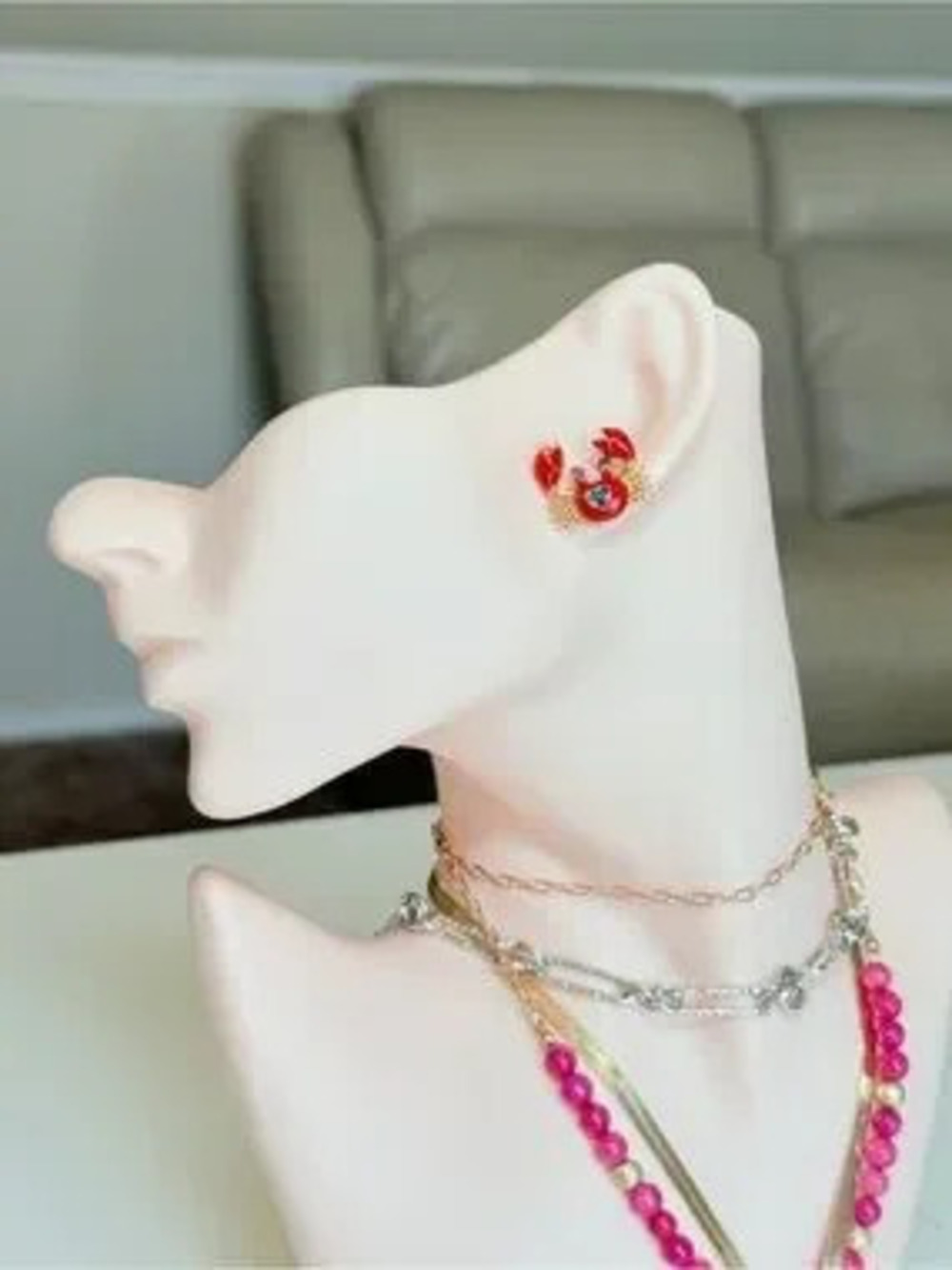 Gold-Tone Red Crab Stud Earrings with Blue Heart Accent